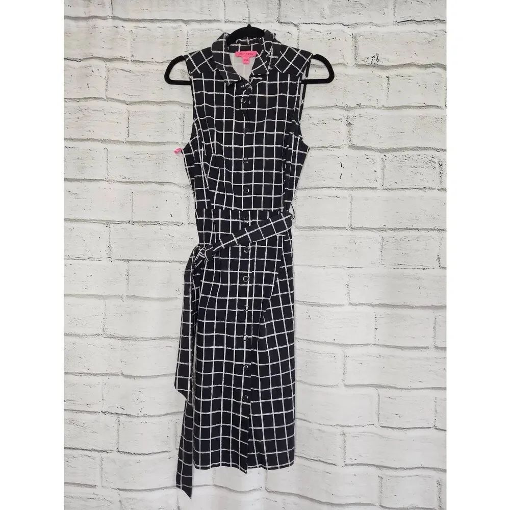 Betsey Johnson Sleeveless Collared Midi Dress Black White Dress Womens 8 Stretch